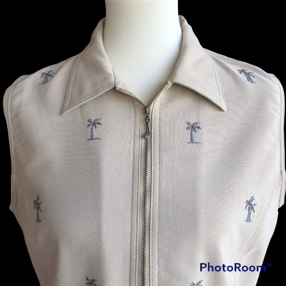 Coldwater Creek Palm Trees Tropical Golf Preppy Tan Vest Sz M Driver Zipper Pull